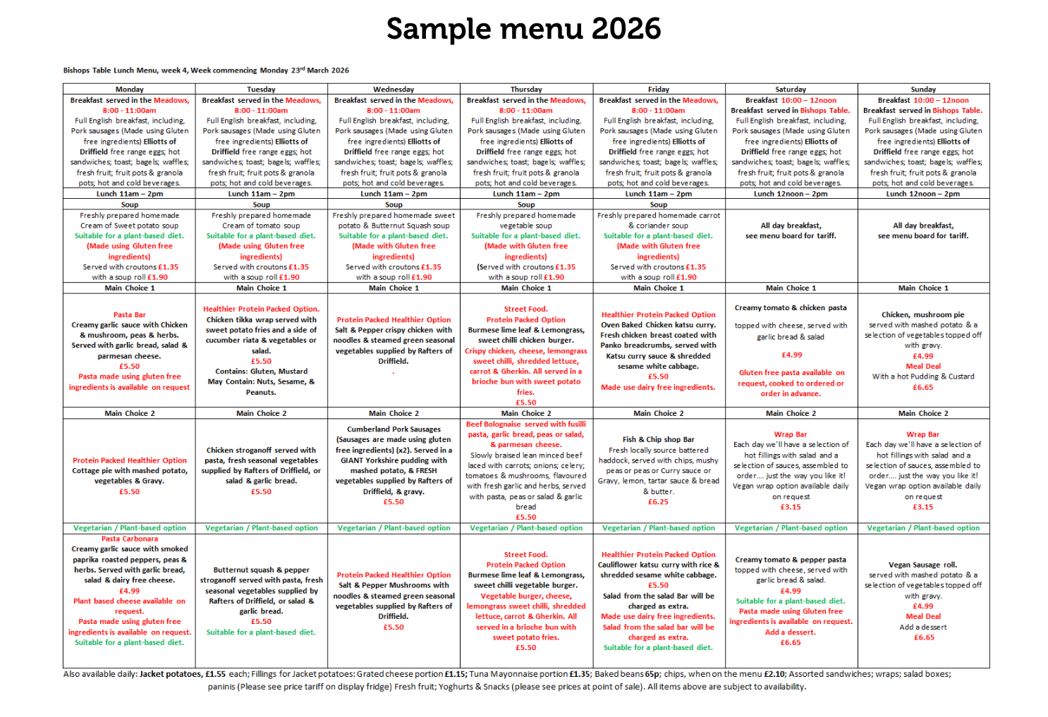 Sample menu